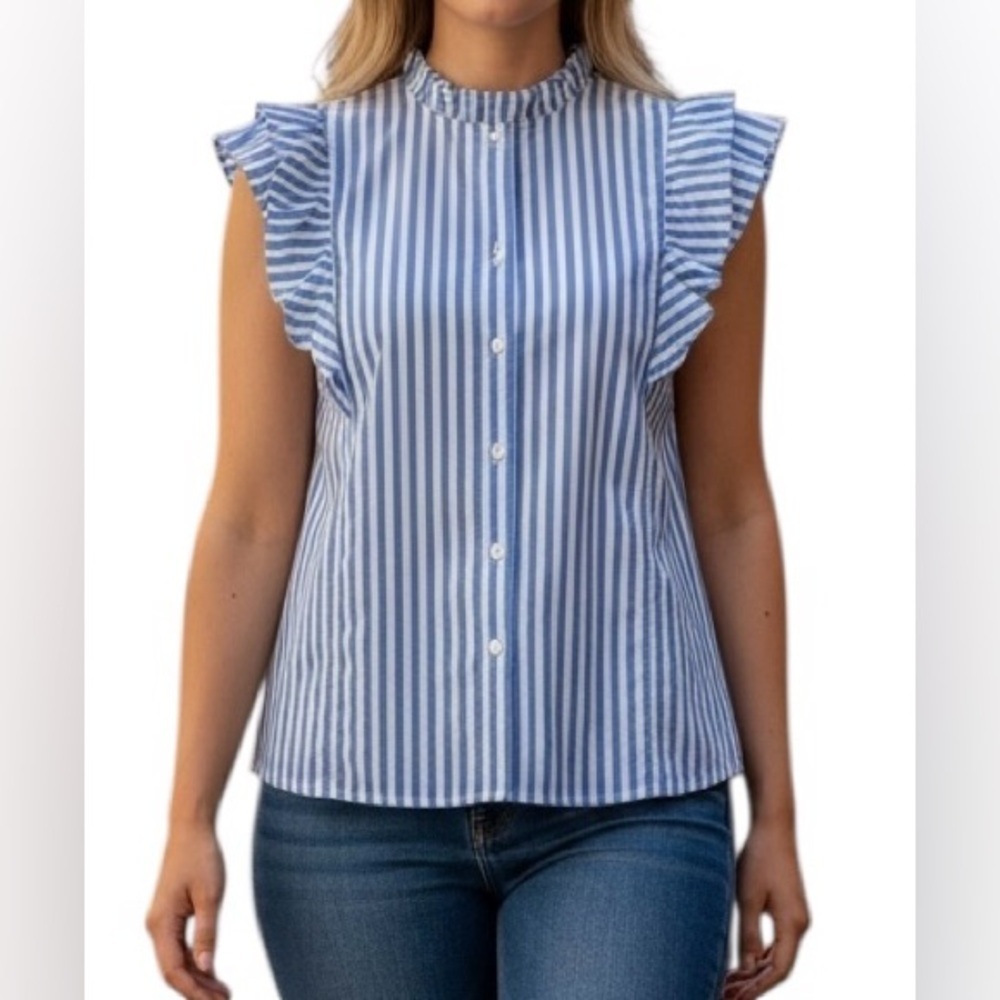 Blue and White Ruffled Mandarin Collar Blouse